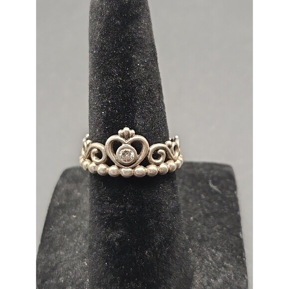 Pandora ALE Signed Sterling Silver Heart Tiara Crown Band Ring Sz 4.5 - Picture 2 of 9